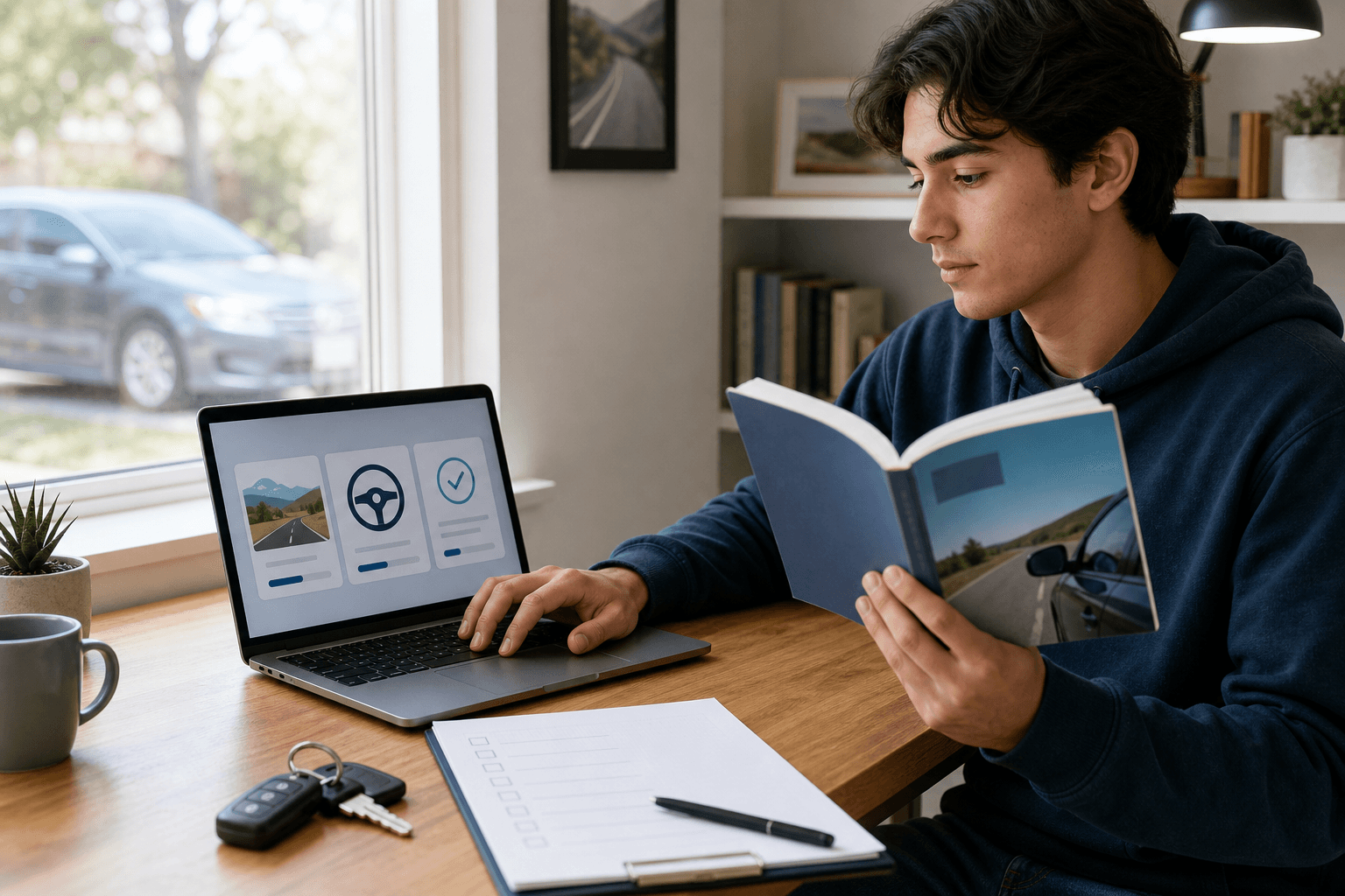 Student comparing online driver education options at home