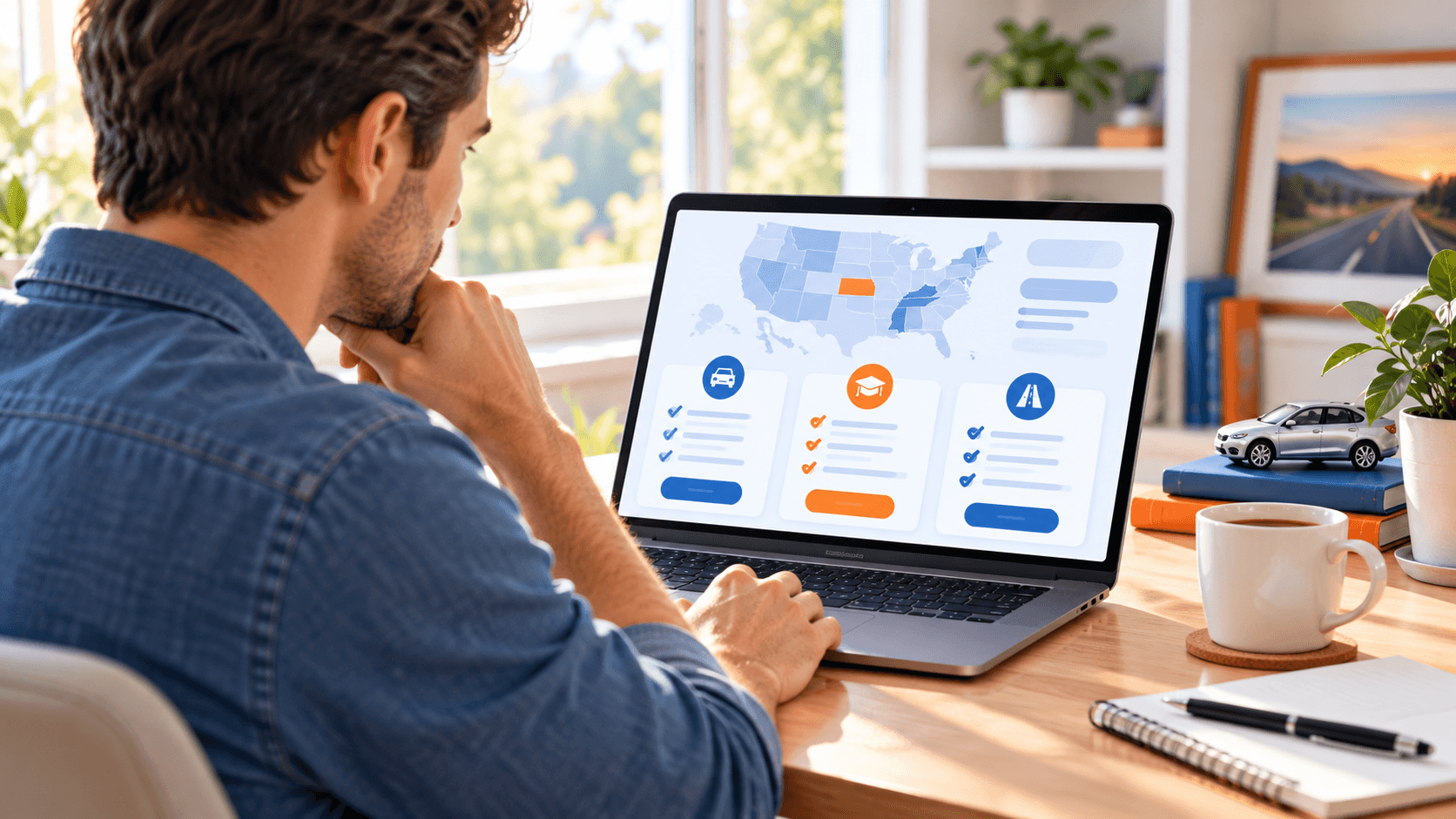 Student comparing online driver education options at home